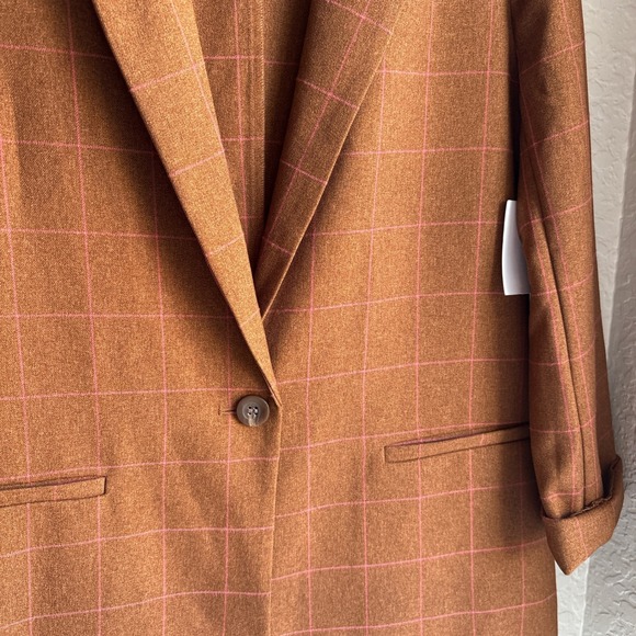 Leith Nordstrom Womens M Blazer Brown Pink Plaid Button Dale Windowpane NWT - Picture 3 of 13